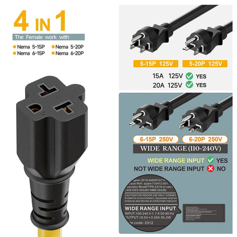 One Foot Nema 5-15P To 6-20R Electric Vehicle Charging Adapter Cable 12Awg with multiple NEMA types shown for compatibility.
