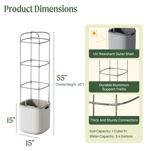 Self Watering Garden Planter With Trellis For Outdoor And Indoor Plants, 15 Inch Tall Large Plant Pot In Cream White, Raised Flower And Vegetable Decor, No Fuss Watering System Keeps Soil Moist, Perfect For Garden Beds with dimensions and UV-resistant trellis.
