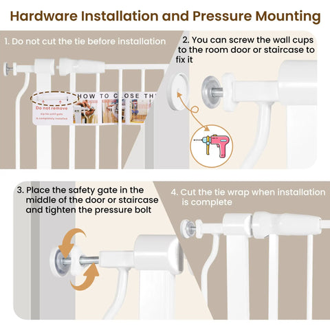 Installation guide for Walk Through Safety Gate For Doorways And Stairs With Auto Close And Hold Open, Pressure Mount No Screws Needed.