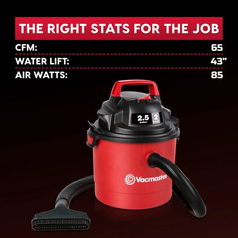 Pro Grade 2.5 Gallon Wet Dry Shop Vac Featuring Wall Mount Storage And Killer Suction Motor For Rapid Garage Sweeps Durable Carry Handle Design In Fiery Red with detailed measurements visible.