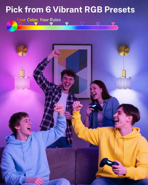 Four friends celebrating with Premium Battery Operated Wall Sconces Set Of Two Wireless Rechargeable Led Lights Nine Color Modes.