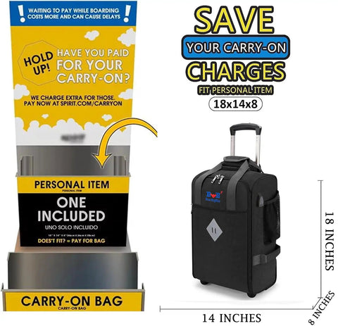 Underseat Rolling Duffle Bag 18x14x8 Inches Personal Item for Travel Fits Major Airlines Like AA and Frontier Save On Carry On Fees Black Durable Build With Smooth Wheels For Weekend Getaways And Business Trips shown fitting airline measurement box.