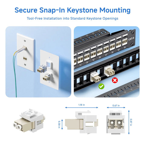 10 Pack LC To LC Duplex Fiber Keystone Coupler Jacks mounted in wall plates for secure and tool-free installation.
