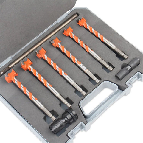 Top Shelf Forstner Bit Set Including Centering Hole Saw Cutter And Wood Drilling Tools For Smooth Plywood Projects. Six bits in storage case.