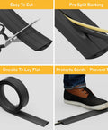 6ft Floor Cord Cover Cable Protector for Home and Office, black PVC, coiled flat, cut to size, prevents trip hazards, shown with scissors and foot on cover.