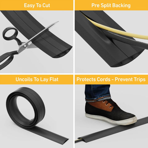 Image showcasing the 30Ft Floor Cord Cover And Cable Protector For Home Office, Flexible PVC Cable Management System To Prevent Trips, No Fuss Easy Cut To Fit 0.63 In W X 0.31 In H, Black being cut, protecting cords, and laid flat with shoe