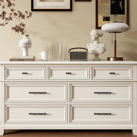 White dresser with 10 Pack Matte Black Cabinet Handles Made From Solid Zinc Alloy With Corrosion Resistant Coating For Durable Kitchen Cabinet Pulls And Dresser Drawers 3 Inch Hole Center Flat Modern Hardware installed.