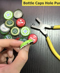 5 Inch Ergonomic Hole Punch Pliers 2Mm Round Hole Punch Tool with yellow handle beside bottle caps