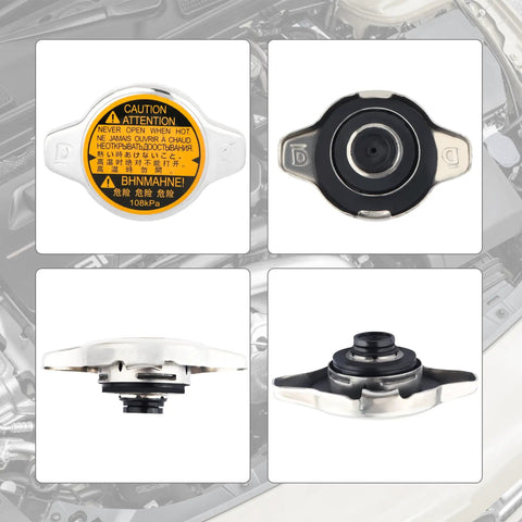 Radiator Cap And Coolant Reservoir Cap OEM 16401-31520 for Lexus Toyota Scion, top and side views, stainless steel construction.