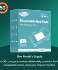 Ultra Thick Disposable Bed Pads With Rock Solid Adhesive Strips 30 X 36 Inches 50 Count in XL packaging, showcasing reliable moisture protection.