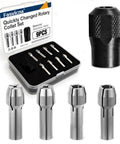 Four Piece Rotary Tool Collet Set With Clamping Nut In Stainless Steel, showing four collets and packaging, fits Dremel and most rotary tools.
