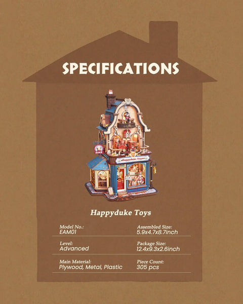Hands-On DIY Miniature House Kit With Moving Scenes Music Box And LED Light, 3D Wooden Puzzles For Book Nook Tiny Home Decor, Kinetic Model Building Kit Type C Powered, Gift For Adults And Craft Lovers. Specs card, 5.9x4.7x8.7in, plywood