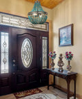 Blue Wood Beaded Chandelier With Boho Vibes in modern farmhouse foyer, E26 base, illuminating entryway
