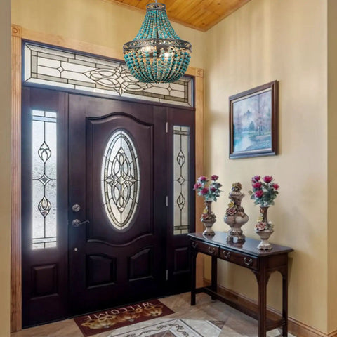 Blue Wood Beaded Chandelier With Boho Vibes in modern farmhouse foyer, E26 base, illuminating entryway