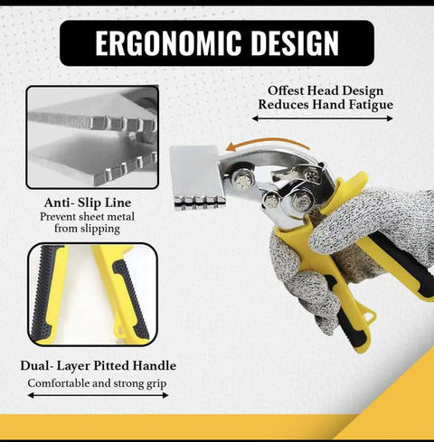 Three Inch Curved Jaw Offset Sheet Metal Bender Hand Seamer with yellow rubber grip, ergonomic design for easy bending