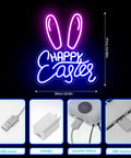 Easter Bunny Ears Neon Sign LED Light USB Powered Wall Decor, showing dimensions and USB power options, Happy Easter design