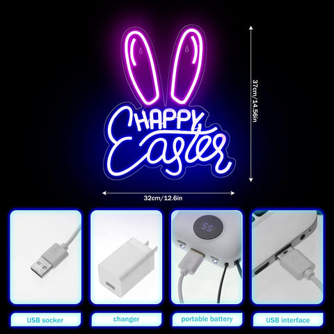 Easter Bunny Ears Neon Sign LED Light USB Powered Wall Decor, showing dimensions and USB power options, Happy Easter design