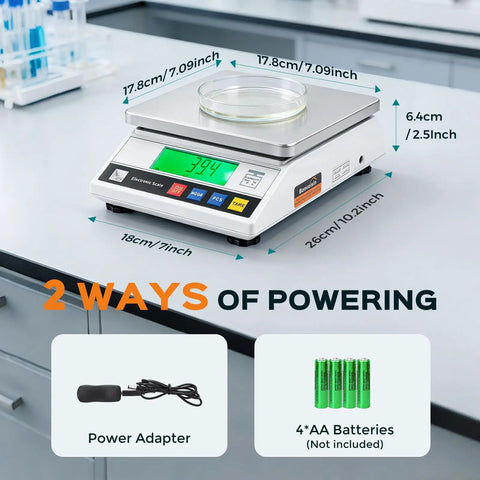 10 Kg Capacity 0.1 g Resolution Digital Lab Scale With 13 Unit Modes For Precise Weighing And Counting In Jewelry, Gold, And Lab Work, CE Certified Electronic Balance showing dimensions and power options