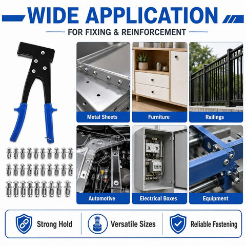 Heavy Duty Fifty One Piece Flower Nuts Screws Kit With Metric M4 M5 M6 M8 Expansion Rivets And Quick Mount Tap Wrench for use with metal sheets and furniture.