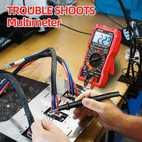 Person using All In One Digital Multimeter Tester 2000 Counts With DC And AC Voltmeter And Ohm Volt Amp Meter For DIYers And Pros in red.