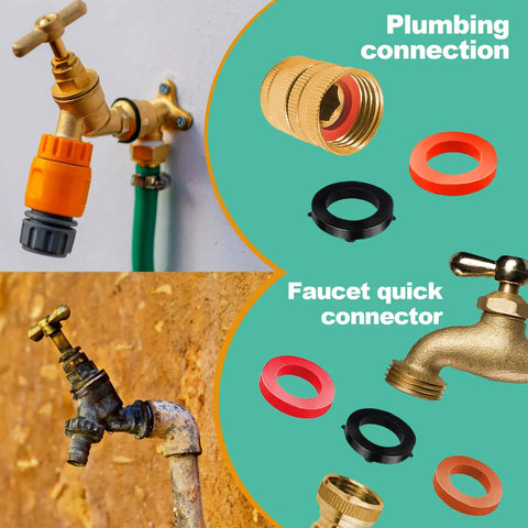Two types of outdoor faucets with parts from 158 Piece Faucet Washer Kit And Garden Hose Gasket Set For Outdoor Faucets And Hoses.