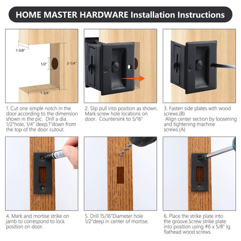 Installation steps for Premium Solid Brass Matte Black Pocket Door Lock Pull Set, 2 Pack showing mounting sequence on wooden door.