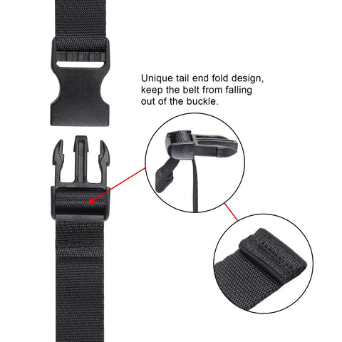 Quick Release Nylon Utility Straps for Trail Ready Hiking, showing buckle design and secure tail end, adjustable 0.75x40 inch