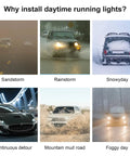 Collage of cars in various weather conditions highlighting the need for Dynamic Car Hood Light Strip For Cars And Trucks