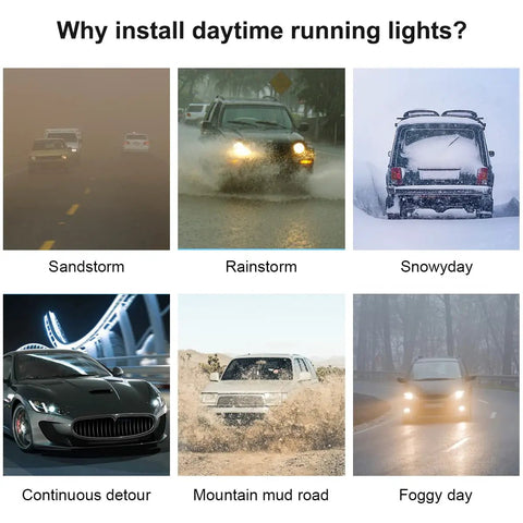 Collage of cars in various weather conditions highlighting the need for Dynamic Car Hood Light Strip For Cars And Trucks