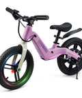 Electric Balance Bike For Kids With 14 Inch Tires Pink Ages 3 To 7 Kid Friendly Three Speed Modes Up To Nine MPH Lightweight 16.5 Lbs Frame Nine Mile Range Light Up Front Tire Adjustable Seat Safe Magnesium Alloy Build, side view