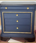 Solid Brass Flower Drawer Knobs Two Pack 40mm Gold Cabinet Handles on blue dresser with golden trim