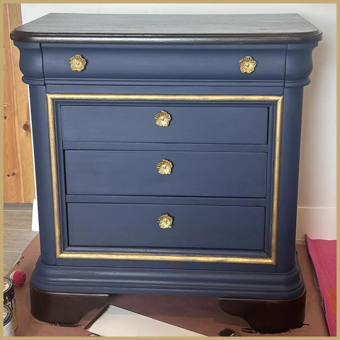 Solid Brass Flower Drawer Knobs Two Pack 40mm Gold Cabinet Handles on blue dresser with golden trim