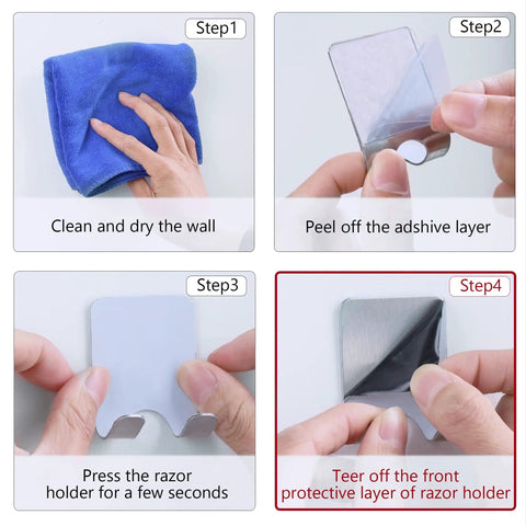 Step-by-step guide for installing Stainless Steel Razor Holder Set, 2 Pack Self Adhesive Shower Hooks in bathroom or kitchen.