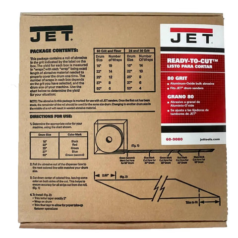 Packaging of 80 Grit Ready To Cut Drum Sandpaper 3 Inch Wide Aluminum Oxide Cloth Backed for Drum Sanders, instructions visible