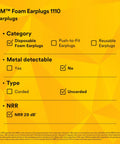 Foam Earplugs 1100 Uncorded 1000 Pair Case With Soft Hypoallergenic Polyurethane Foam, Tapered Fit NRR 29 dB specifications chart
