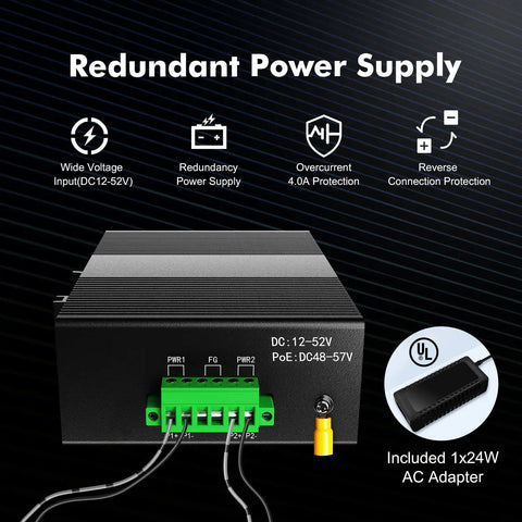 Hardcore Five Port Gigabit Ethernet Switch Built Like A Tank For Gritty Workshop Jobs featuring redundant power supply connections.