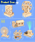 Six In One STEM Kit For Kids Ages Eight To Twelve With 3D Puzzles, showcasing 6 wooden engineering models and their dimensions.