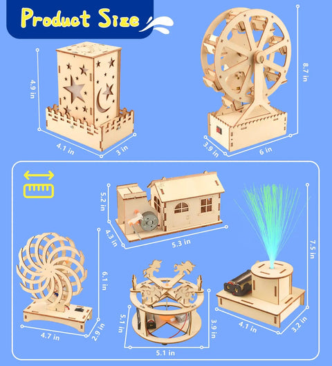 Six In One STEM Kit For Kids Ages Eight To Twelve With 3D Puzzles, showcasing 6 wooden engineering models and their dimensions.