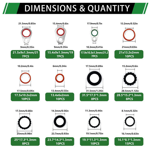Dimensions and sizes chart of 110 Piece Air Conditioning Compressor Seal Washers Assortment Kit With 12 Sizes For Automotive A C Repair Port Bonded Seals And Gaskets DIY Friendly Auto A C Service Kit