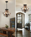 Four Light Farmhouse Pendant Lighting Featuring Rustic Faux Wood Chandelier Details And Sleek Flush Mount Fixture For Kitchen Island Dining Room - view above dining table.