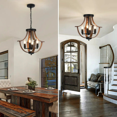 Four Light Farmhouse Pendant Lighting Featuring Rustic Faux Wood Chandelier Details And Sleek Flush Mount Fixture For Kitchen Island Dining Room - view above dining table.