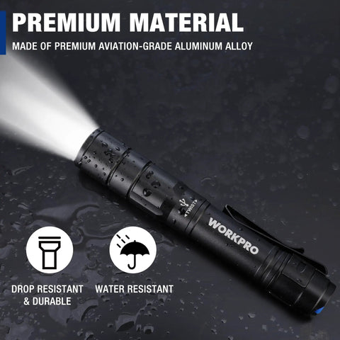 Rechargeable Mini Pen Light 2 Pack Ultra Compact EDC Flashlight With Clip Memory Function Includes USB C Cables Charging 300 Lumens 196 Feet Beam Pocket Size Everyday Carry Ready Black shown with water droplets highlighting durability on black surface.