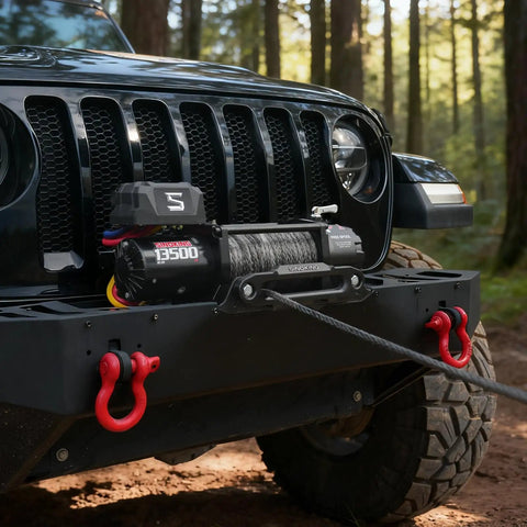 13500 Lb Beefy Electric Winch For Jeeps Trucks SUVs And Boats With 12V Power 80 Ft Synthetic Rope Waterproof Towing Winch Wireless And Wired Remote Heavy Duty Off Road Recovery on Jeep bumper