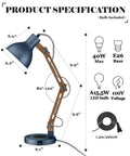 Sapele Wood Desk Lamp With Upgraded Wireless Charger And USB C Port Swing Arm Reading Light For Bedroom Dorm Office And Living Room LED Bulb Included In A Dope Blue Finish with specifications and measurements displayed