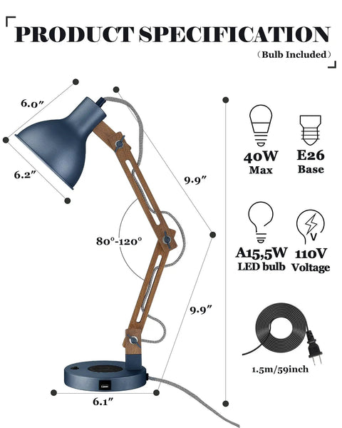 Sapele Wood Desk Lamp With Upgraded Wireless Charger And USB C Port Swing Arm Reading Light For Bedroom Dorm Office And Living Room LED Bulb Included In A Dope Blue Finish with specifications and measurements displayed