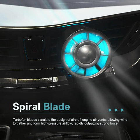 Portable Usb Car Vent Fan With Three Speed Gears And Adjustable Clip, close-up of spiral blades with cool LED lighting.