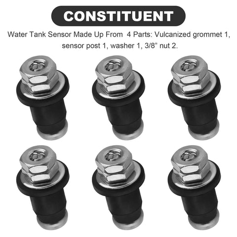 Set of six screw-in probes for RV Water Tank Sensor Kit Six Pack For Fresh, Gray, And Black Tanks, featuring vulcanized grommets and washers