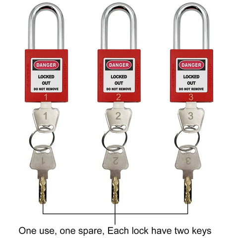Three red keyed locks with Danger labels and accompanying keys, part of All In One Lockout Tagout Kit For Electrical Safety With Group Lockout Hasps.
