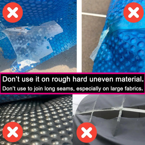 39 Foot RV Awning Repair Tape Waterproof Canvas Patch Kit showing ineffective use on rough uneven surfaces.