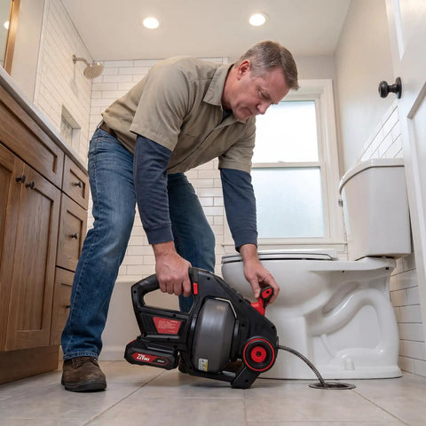 Man using 20 Volts Cordless Electric Drain Auger Equipped With Twenty Five Foot Pipe Snake to unclog toilet.
